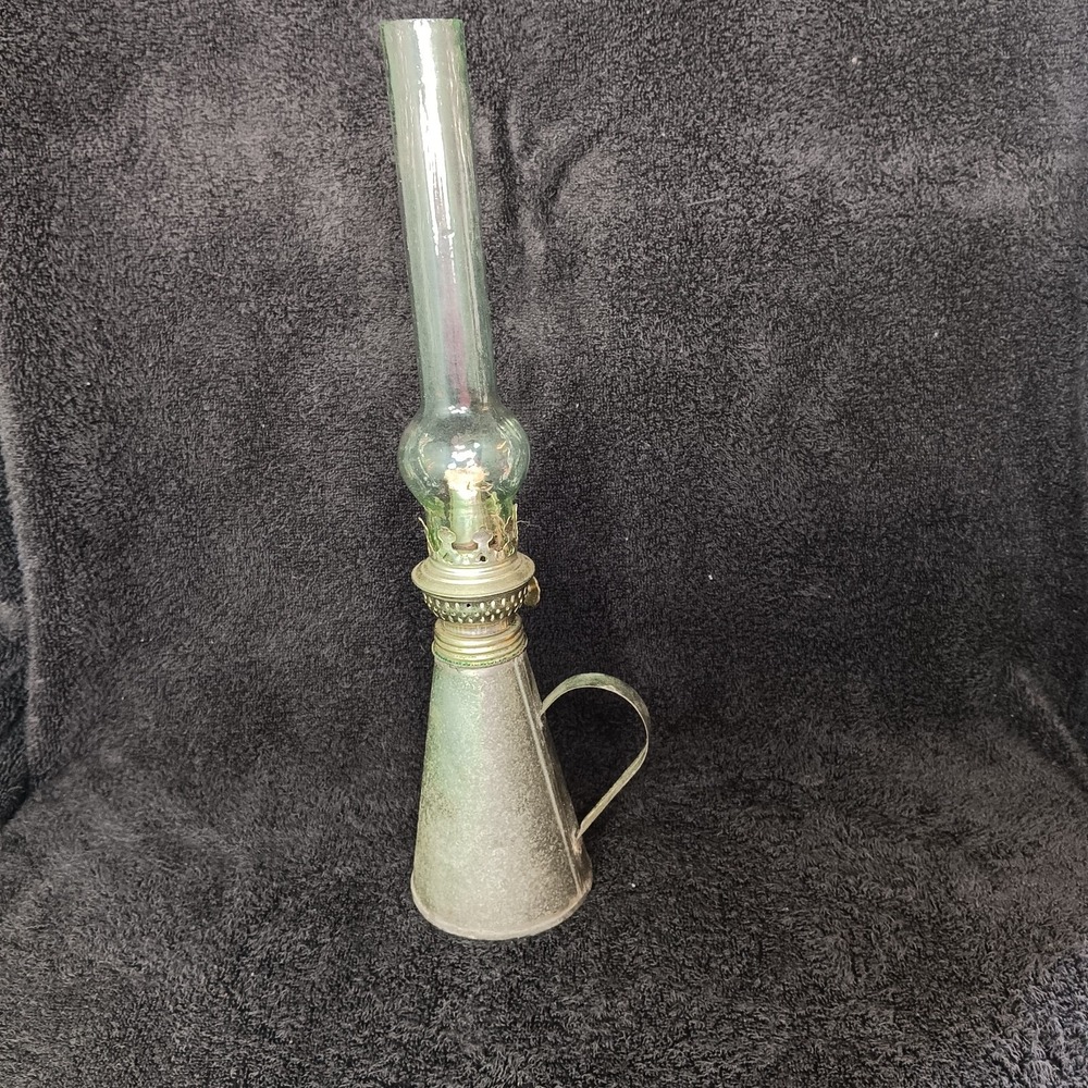 Small Silver Aluminum Oil Lamp with Glass Cone Shape with Handle NB - Picture 2 of 9